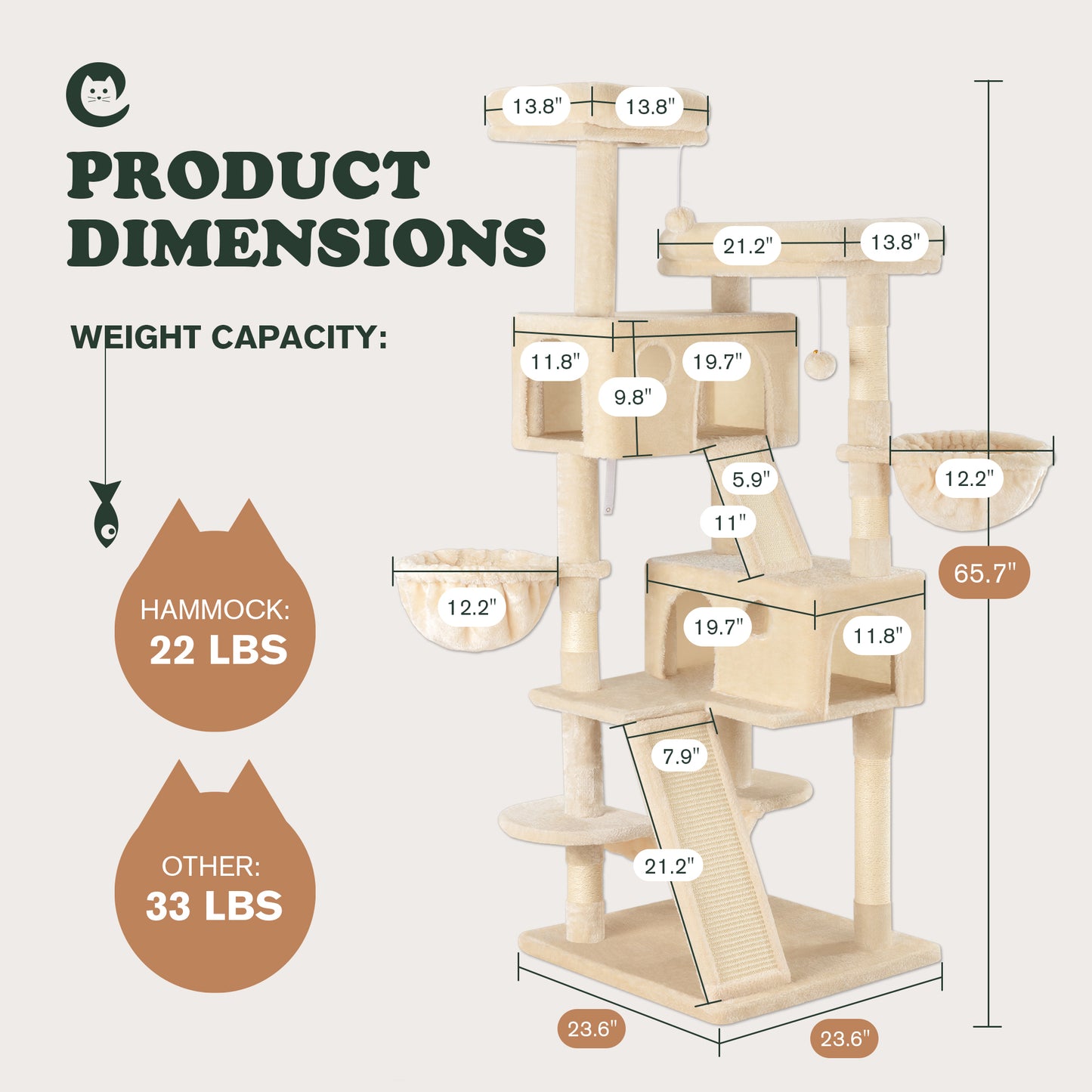 Amolife 65.7" Cat Tree Tower Condo for Large Cats with Hammock, Scratching Post & Basket