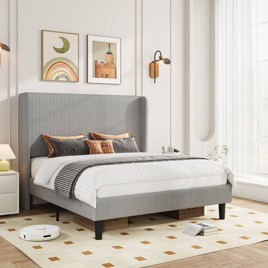 Amolife platform Bed Frame with Upholstered Wingback Headboard, Vertical Channel Tufted Corduroy Velvet