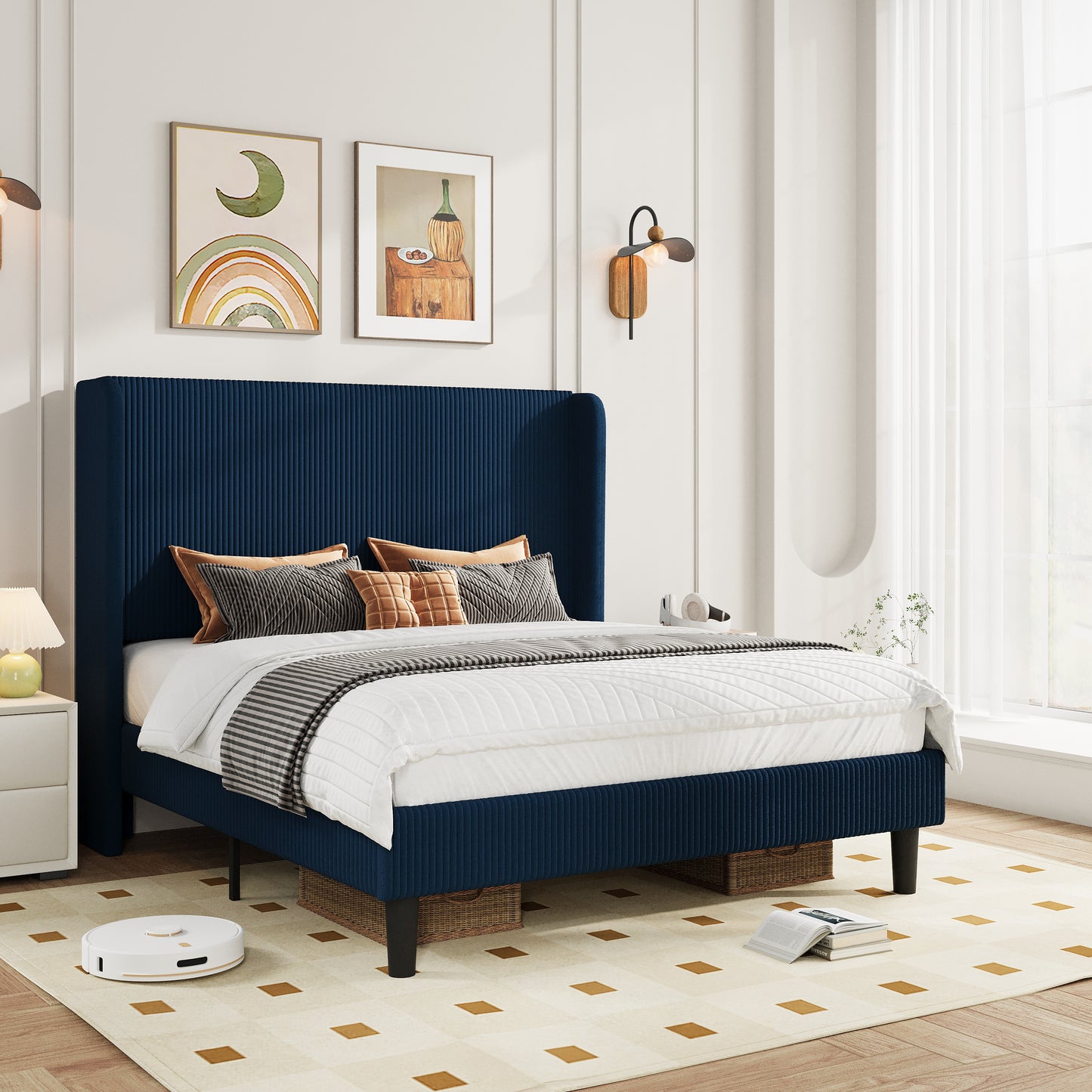 Amolife platform Bed Frame with Upholstered Wingback Headboard, Vertical Channel Tufted Corduroy Velvet