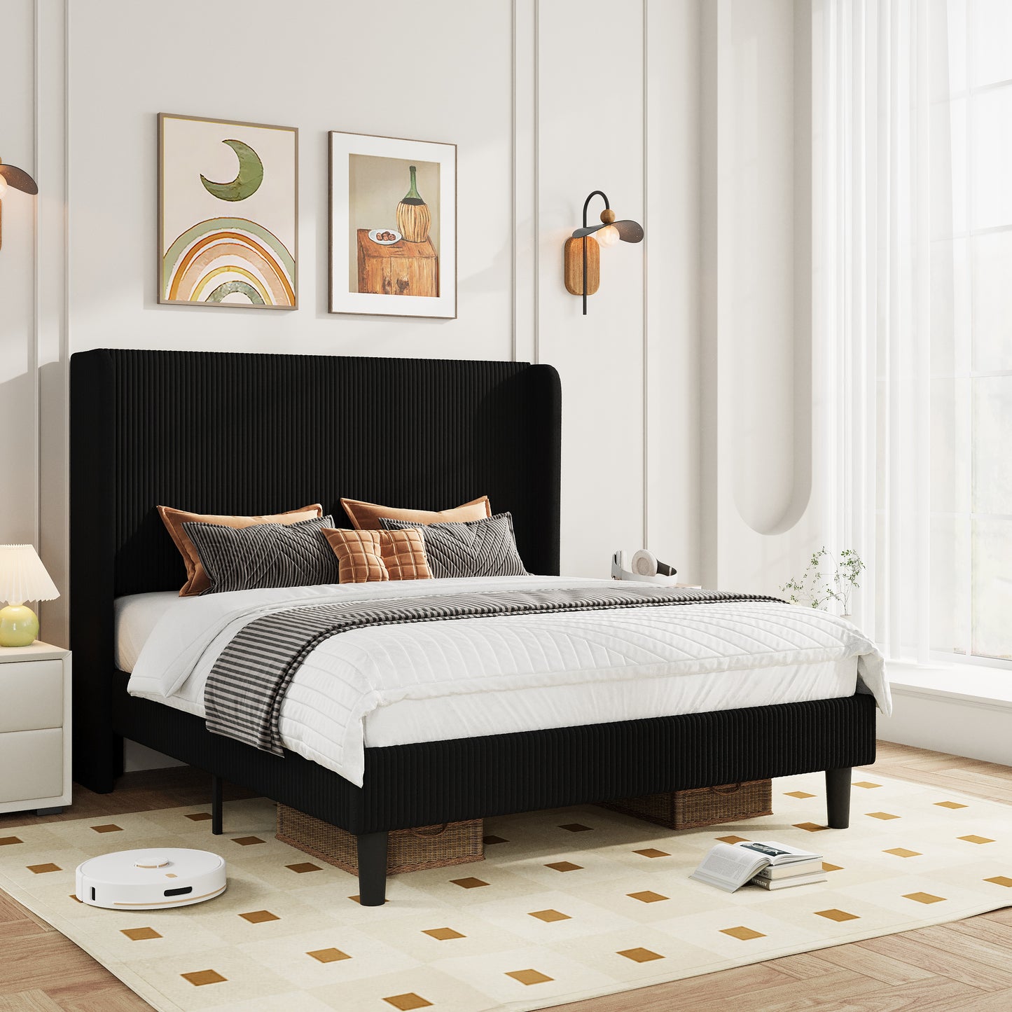 Amolife platform Bed Frame with Upholstered Wingback Headboard, Vertical Channel Tufted Corduroy Velvet