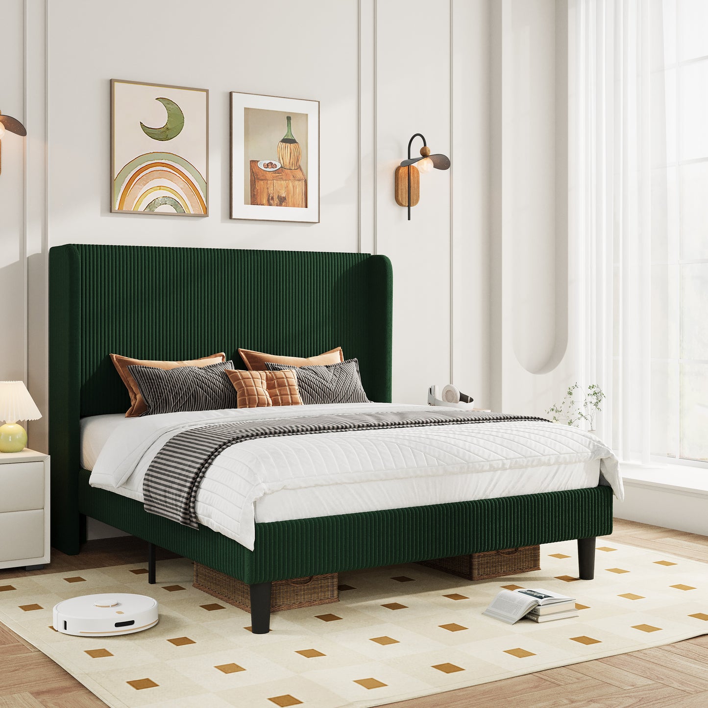Amolife platform Bed Frame with Upholstered Wingback Headboard, Vertical Channel Tufted Corduroy Velvet