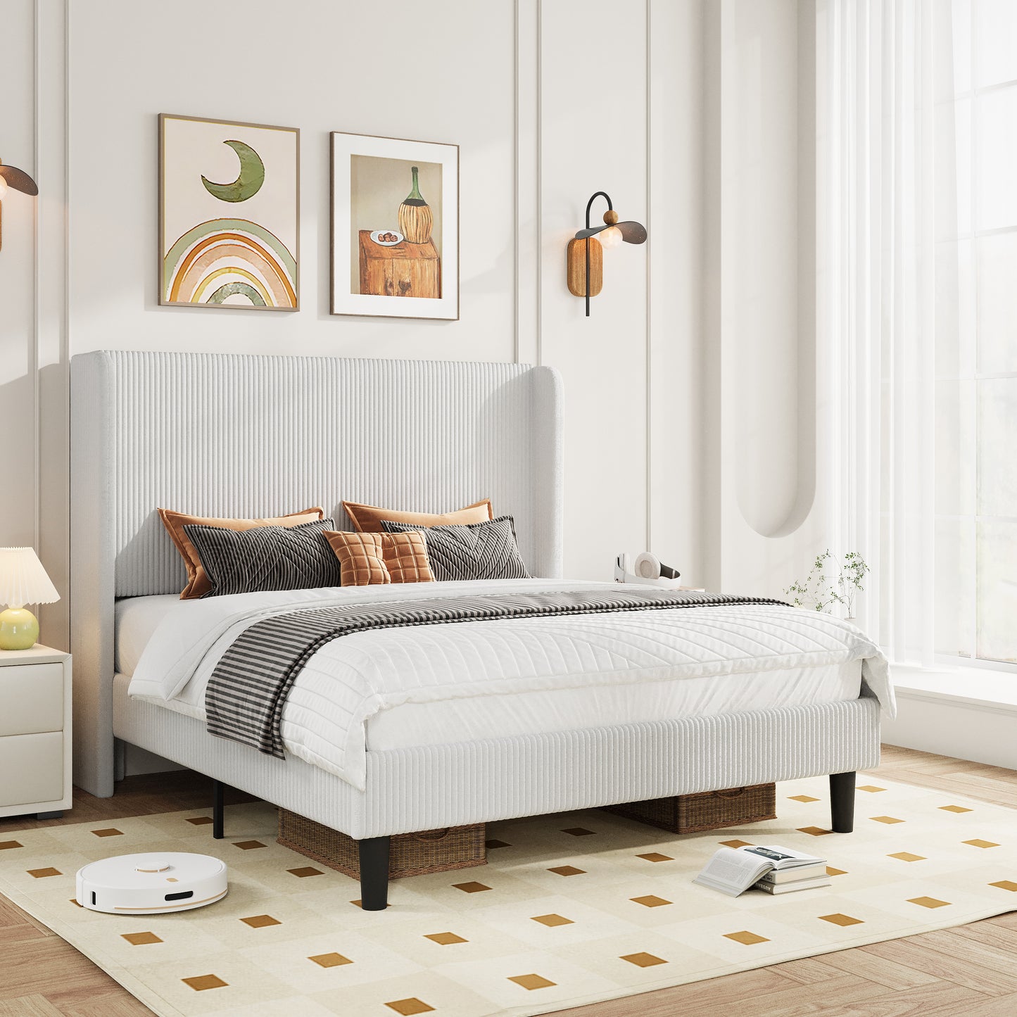 Amolife platform Bed Frame with Upholstered Wingback Headboard, Vertical Channel Tufted Corduroy Velvet