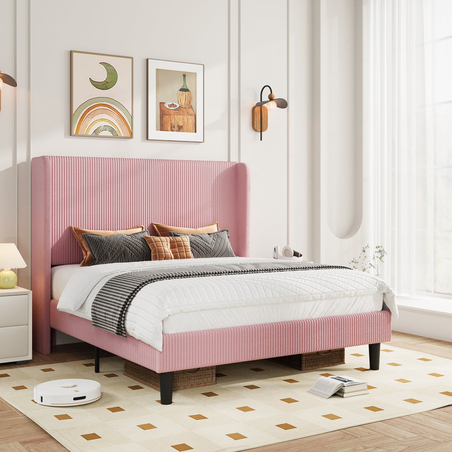 Amolife platform Bed Frame with Upholstered Wingback Headboard, Vertical Channel Tufted Corduroy Velvet