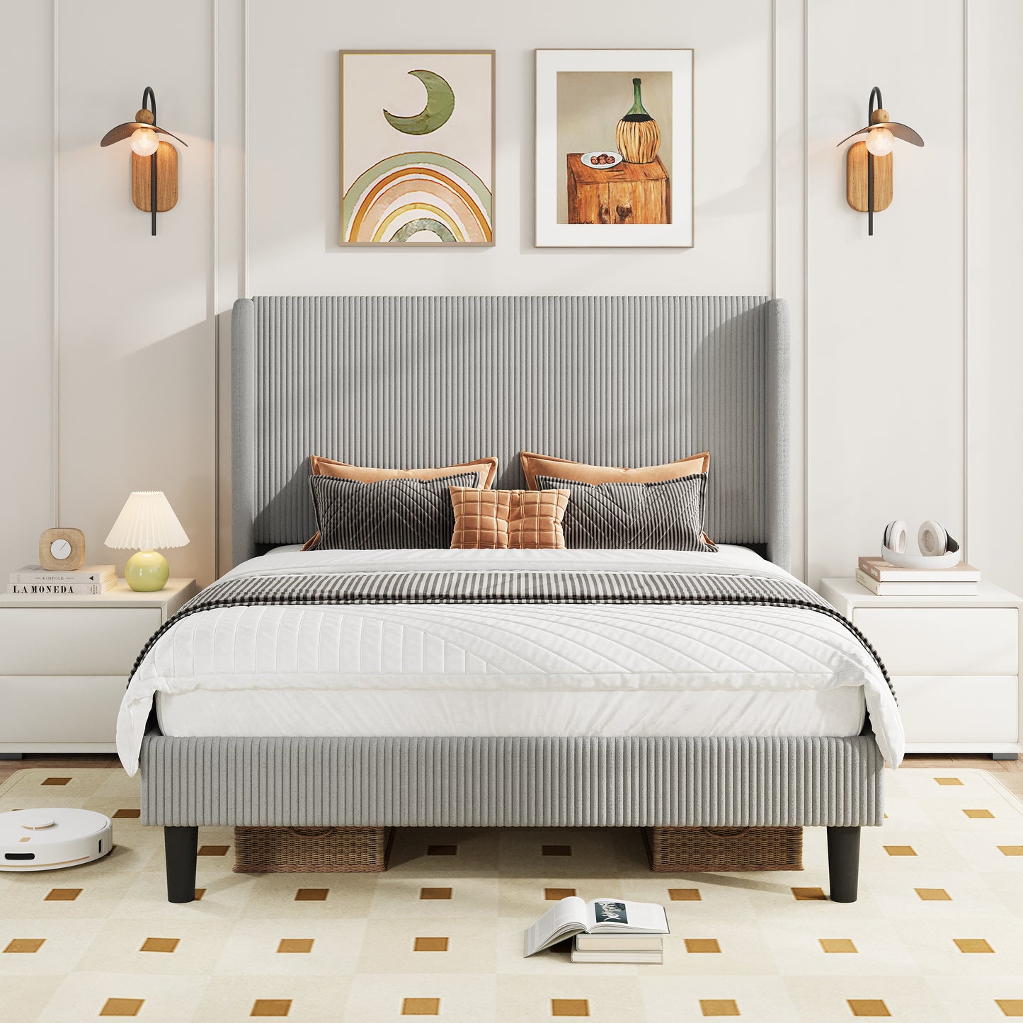 Amolife platform Bed Frame with Upholstered Wingback Headboard, Vertical Channel Tufted Corduroy Velvet