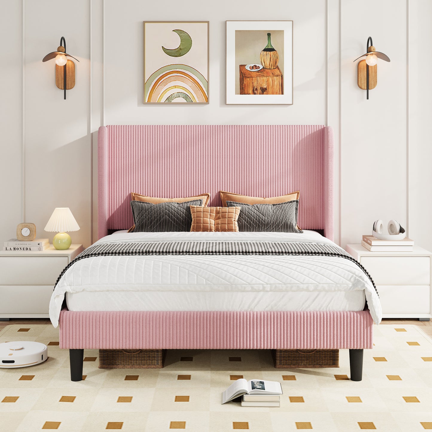 Amolife platform Bed Frame with Upholstered Wingback Headboard, Vertical Channel Tufted Corduroy Velvet