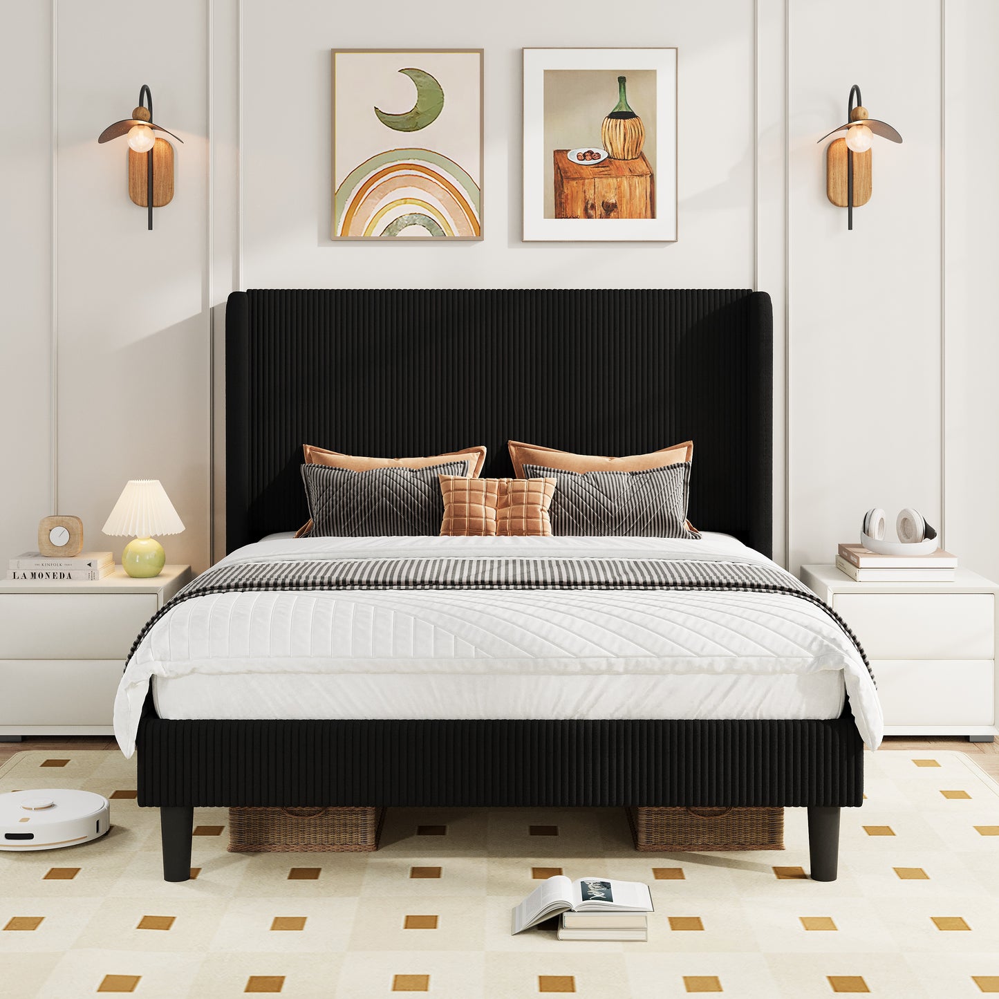 Amolife platform Bed Frame with Upholstered Wingback Headboard, Vertical Channel Tufted Corduroy Velvet