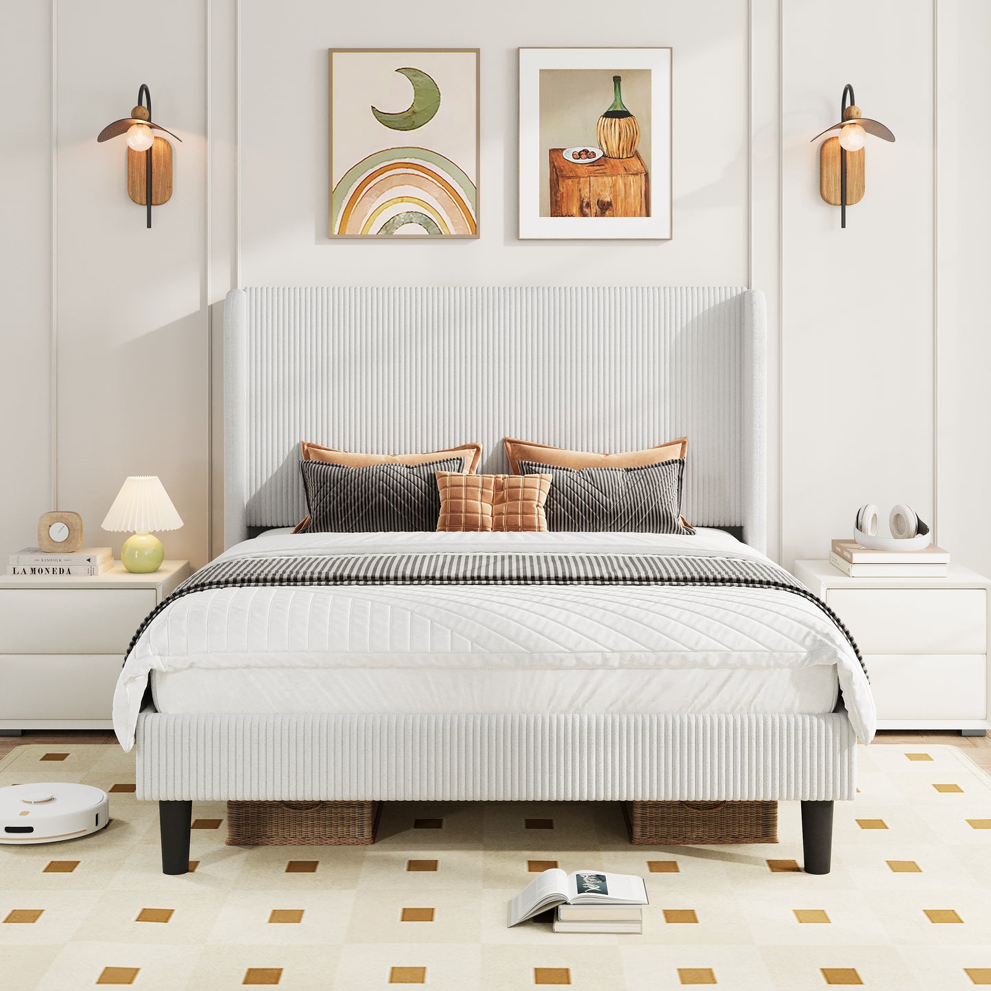 Amolife platform Bed Frame with Upholstered Wingback Headboard, Vertical Channel Tufted Corduroy Velvet