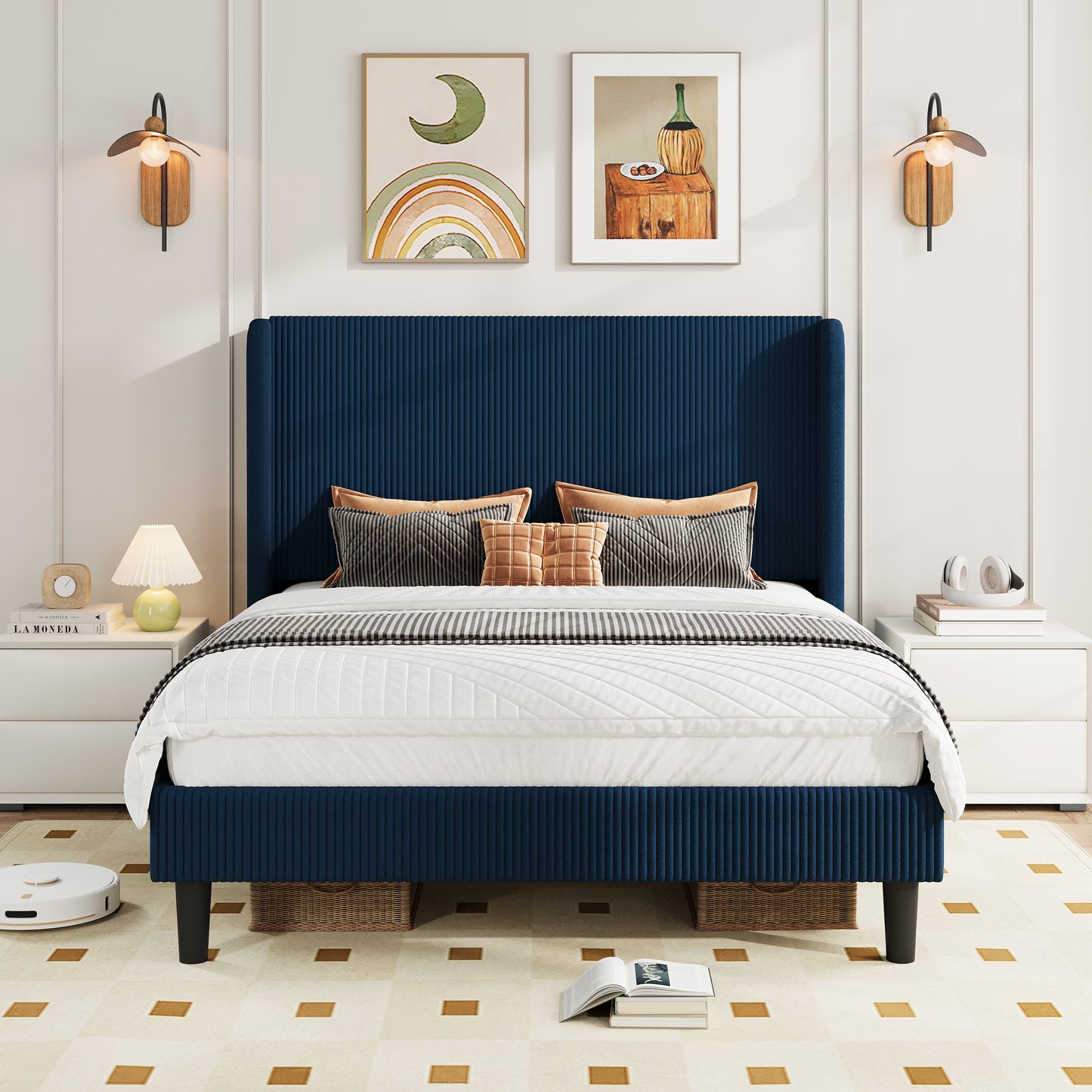 Amolife platform Bed Frame with Upholstered Wingback Headboard, Vertical Channel Tufted Corduroy Velvet