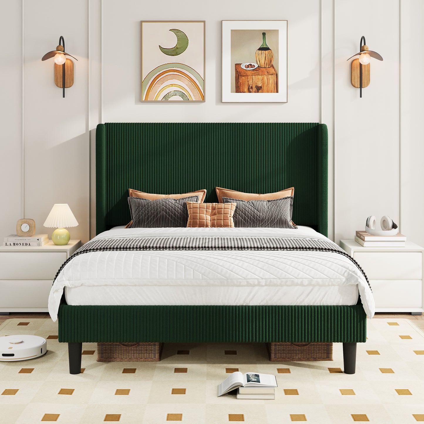 Amolife platform Bed Frame with Upholstered Wingback Headboard, Vertical Channel Tufted Corduroy Velvet