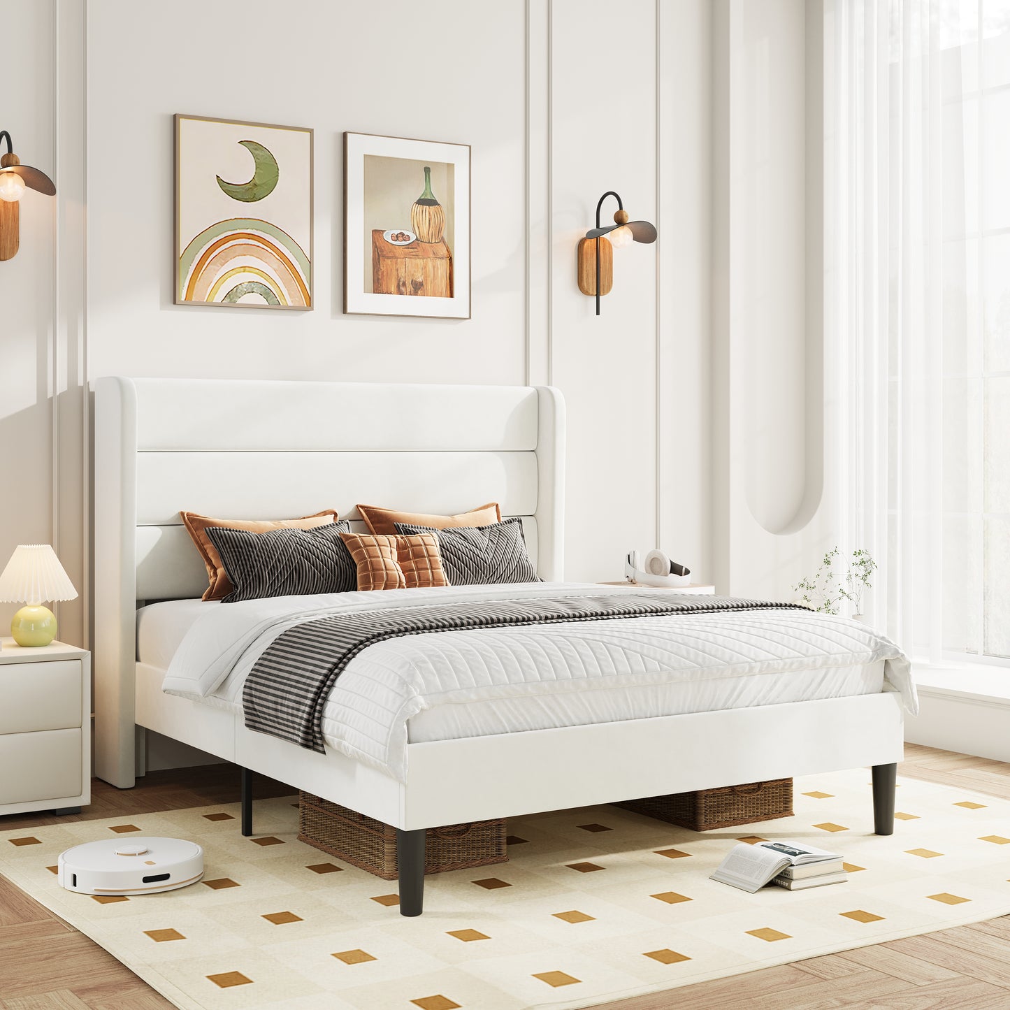 Amolife Platform Bed Frame with Velvet Upholstered Wingback Headboard