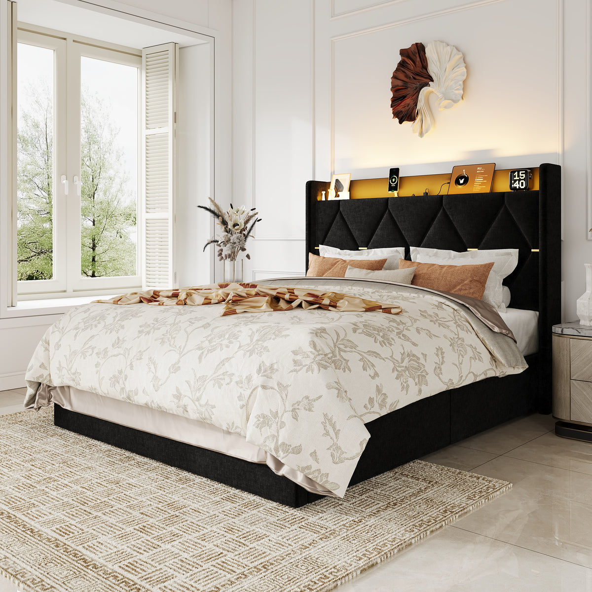 Amolife Bed Frame with Chenille Wingback Headboard, LED Lights, Charging Station & Storage Shelf, No Box Spring Required