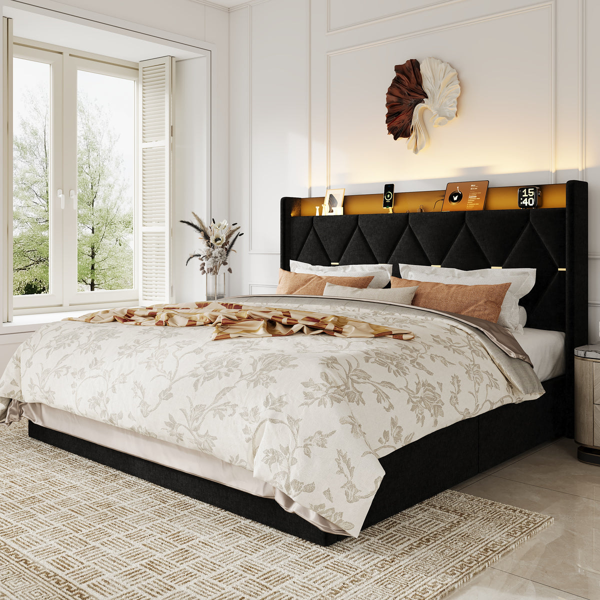 Amolife Bed Frame with Chenille Wingback Headboard, LED Lights, Charging Station & Storage Shelf, No Box Spring Required