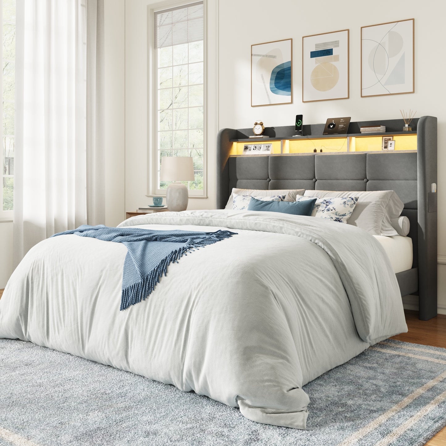 Amolife Bed Frame, Upholstered Bed with 2 Shelves LED Wingback Headboard, USB Ports Charging Station, White