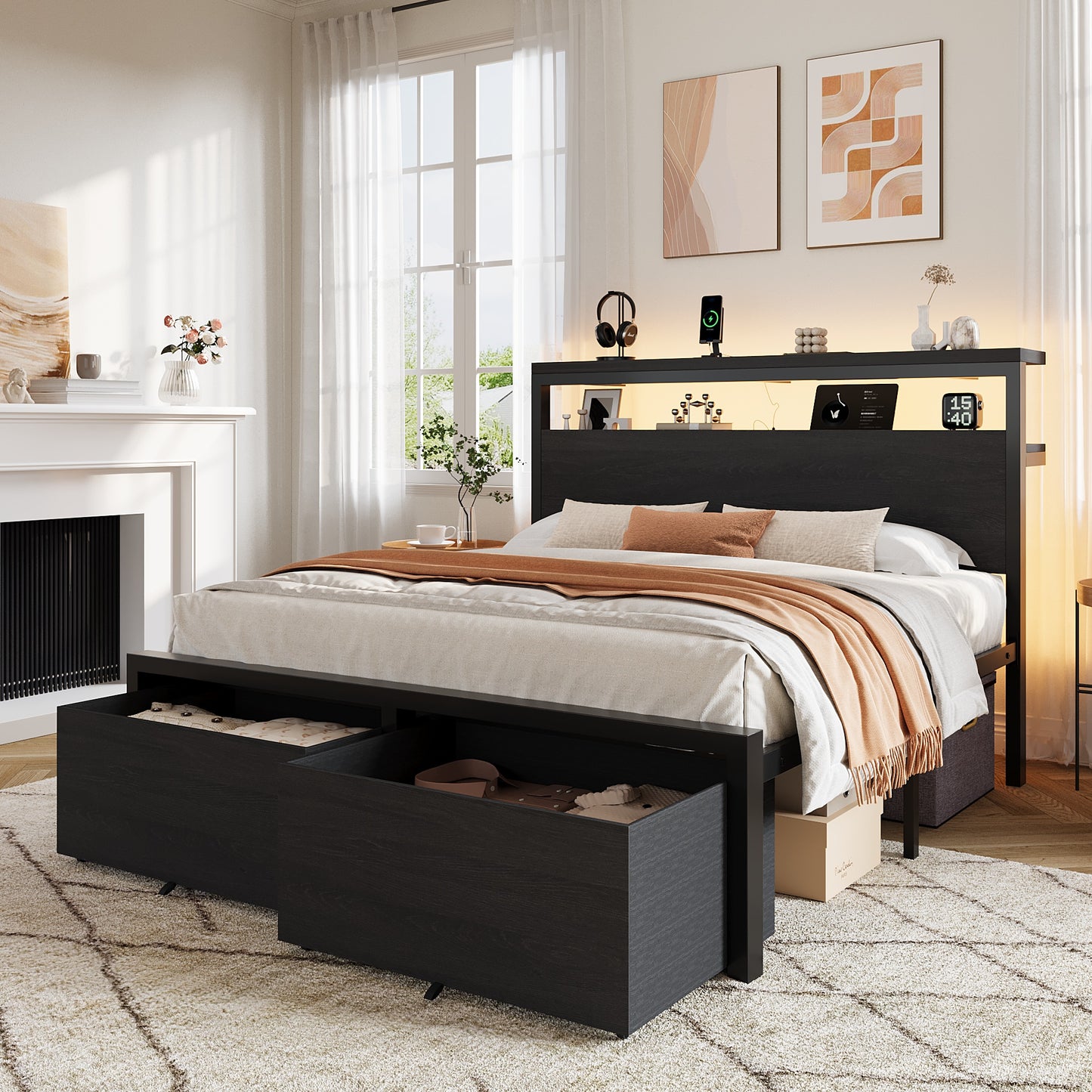 Amolife Storage Bed Frame, 2 Storage Drawers, 2-Tier Shelf Wood Headboard with Charging Station & LED Light, Black