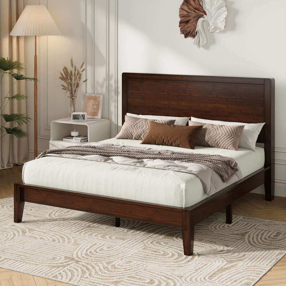 Amolife Bamboo Wood Platform Bed Frame with Upgraded Headboard and Recessed Design, Durable Structure, No Box Spring Needed