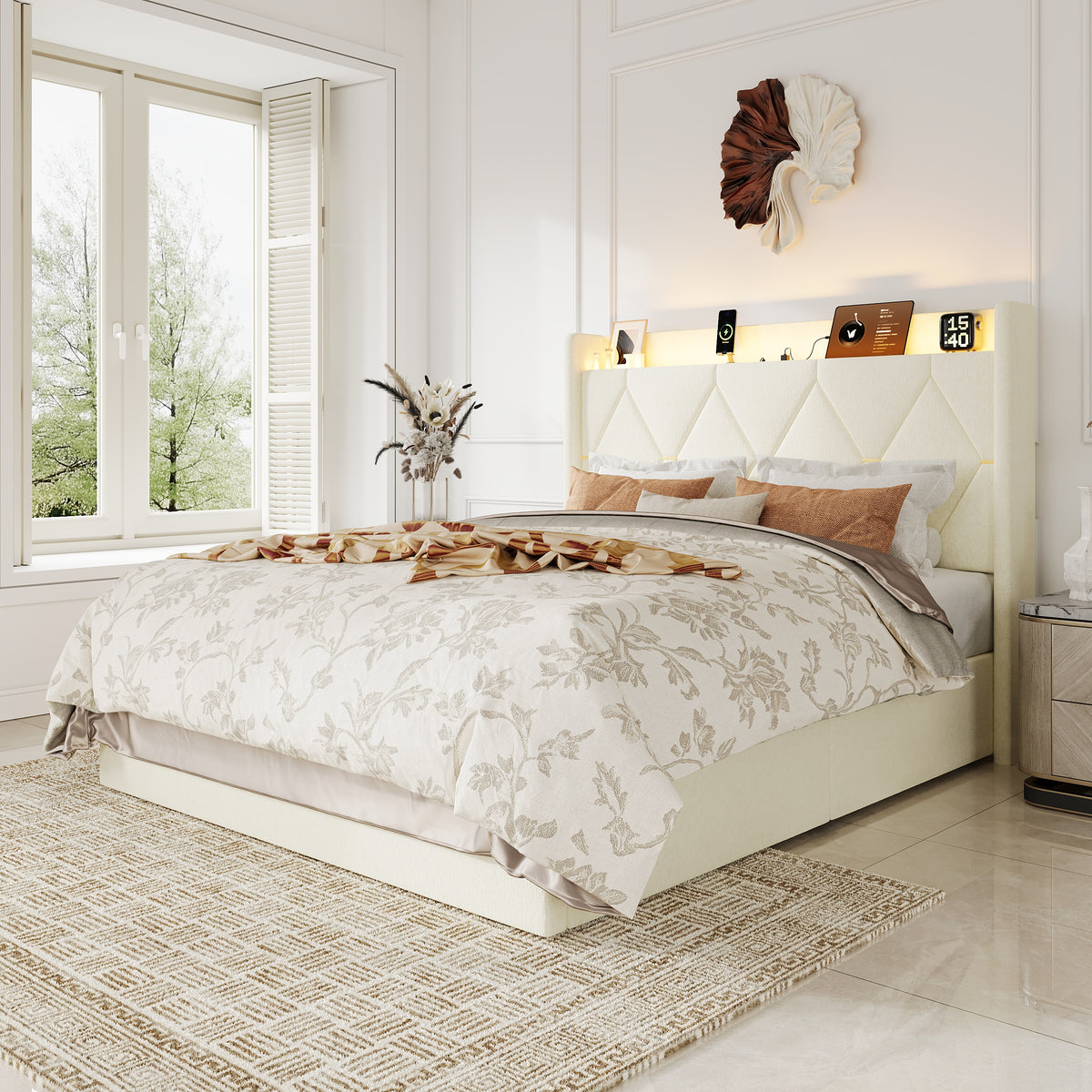Amolife Bed Frame with Chenille Wingback Headboard, LED Lights, Charging Station & Storage Shelf, No Box Spring Required