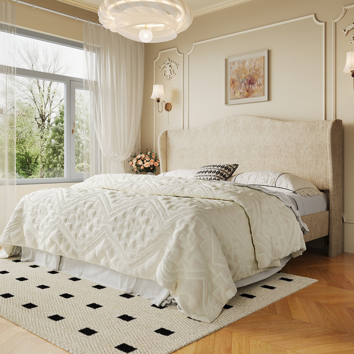 Amolife Bed Frame with Crown Upholstered Wingback Headboard, Upgraded Reinforced Frame, No Box Spring Required