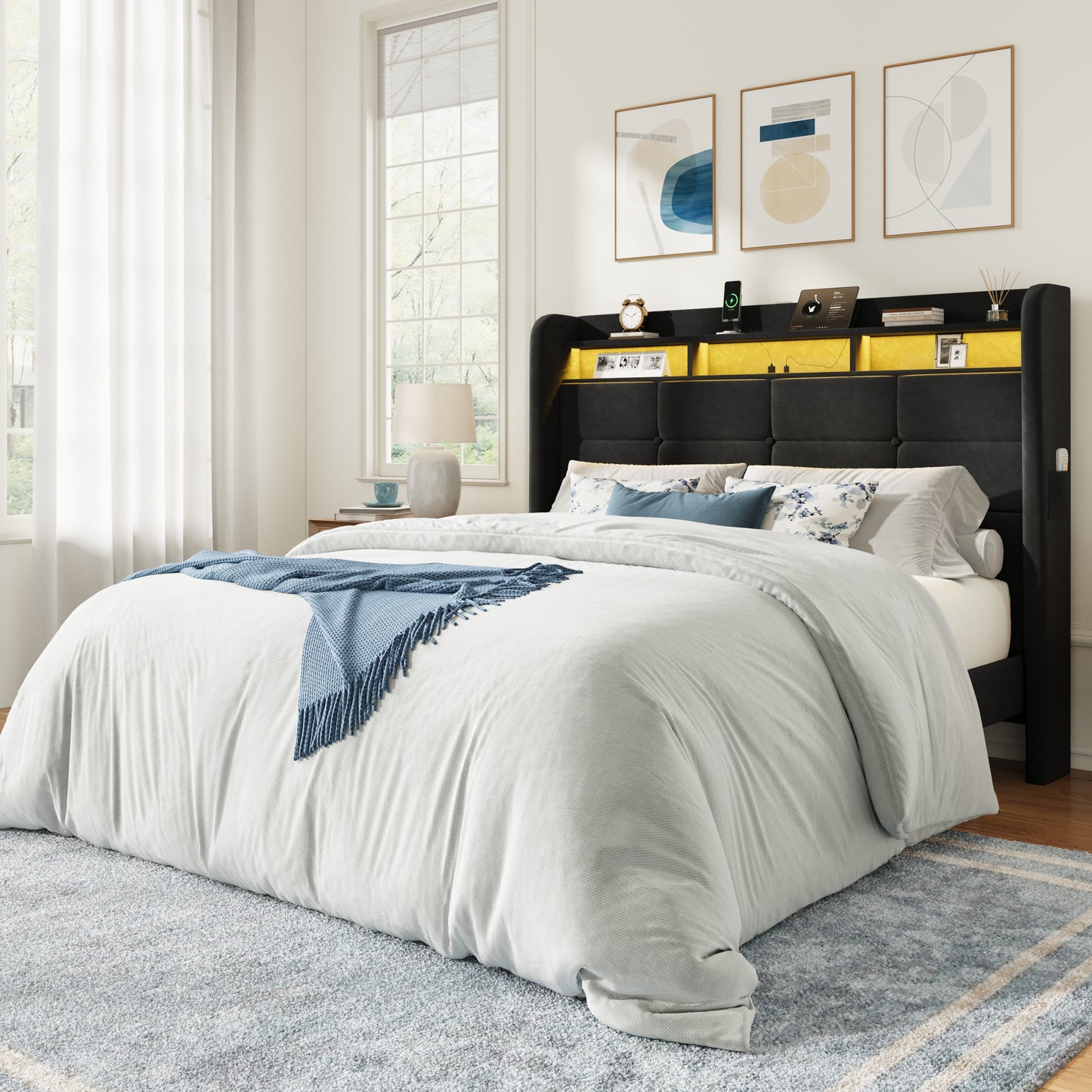 Amolife Bed Frame, Upholstered Bed with 2 Shelves LED Wingback Headboard, USB Ports Charging Station, White
