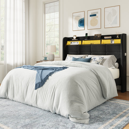 Amolife Bed Frame, Upholstered Bed with 2 Shelves LED Wingback Headboard, USB Ports Charging Station, White