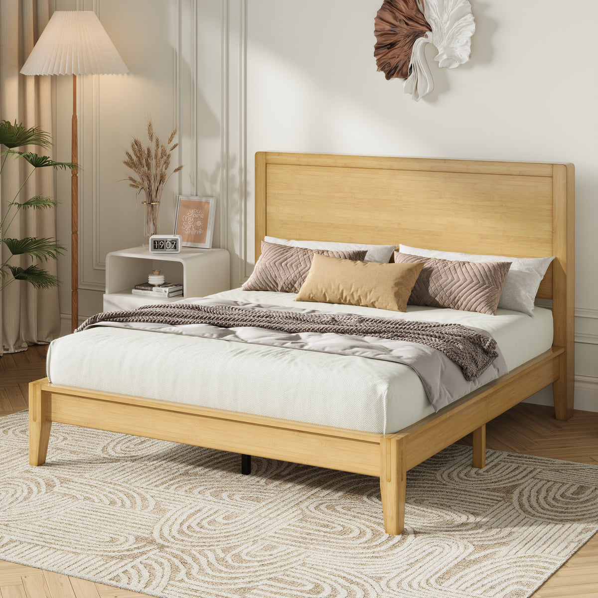 Amolife Bamboo Wood Platform Bed Frame with Upgraded Headboard and Recessed Design, Durable Structure, No Box Spring Needed