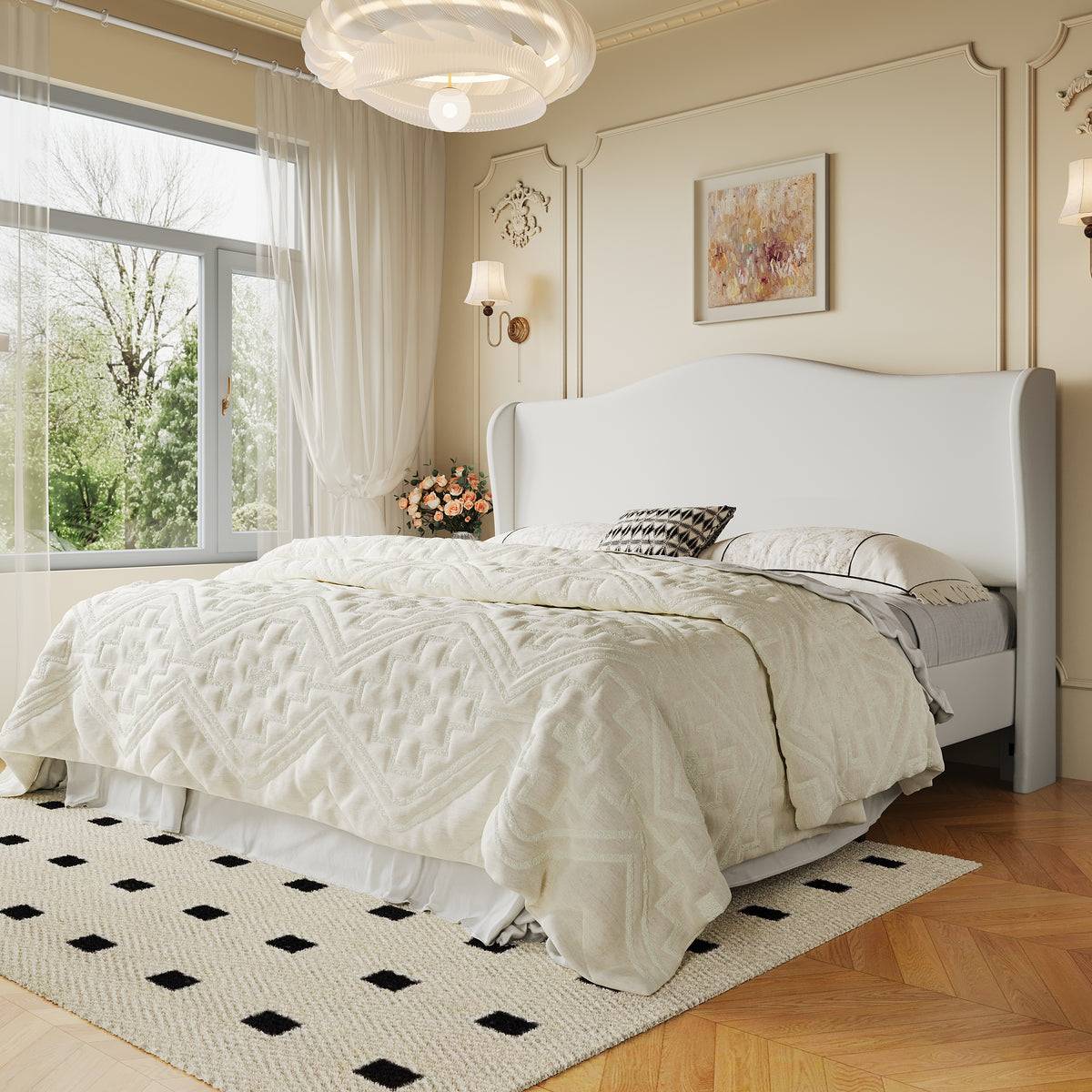 Amolife Bed Frame with Crown Upholstered Wingback Headboard, Upgraded Reinforced Frame, No Box Spring Required