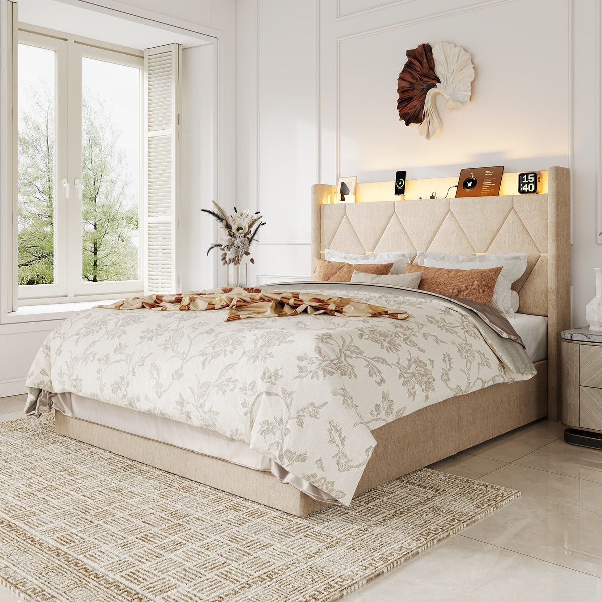 Amolife Bed Frame with Chenille Wingback Headboard, LED Lights, Charging Station & Storage Shelf, No Box Spring Required