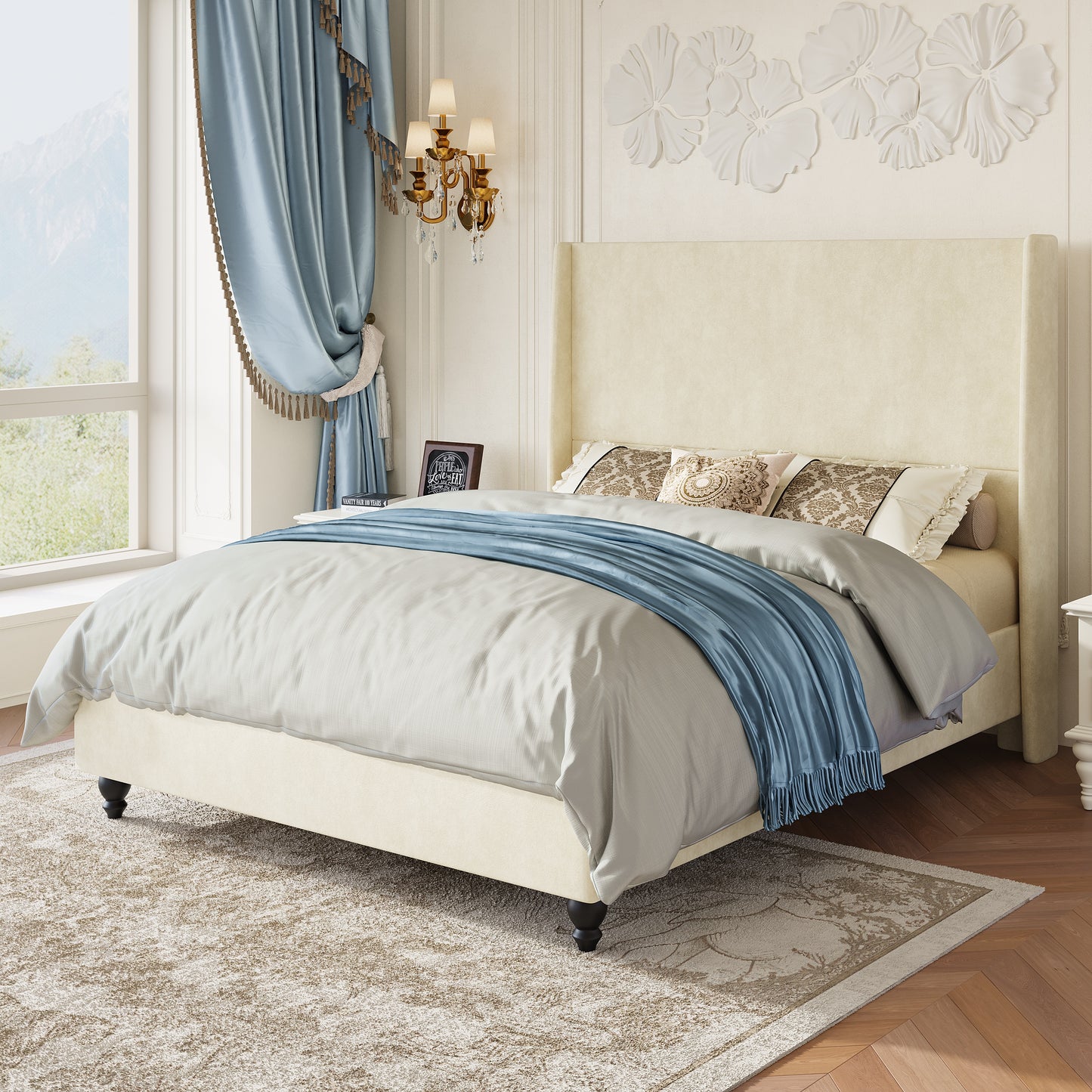 Amolife Platform Bed Frame with 51" Tall Wingback Headboard, Ultra Velvet, Heavy Duty