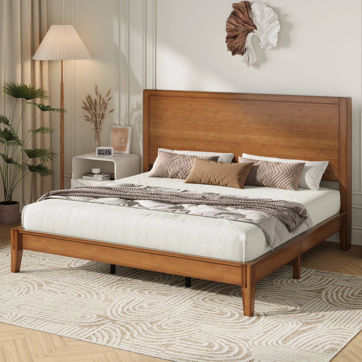 Amolife Bamboo Wood Platform Bed Frame with Upgraded Headboard and Recessed Design, Durable Structure, No Box Spring Needed