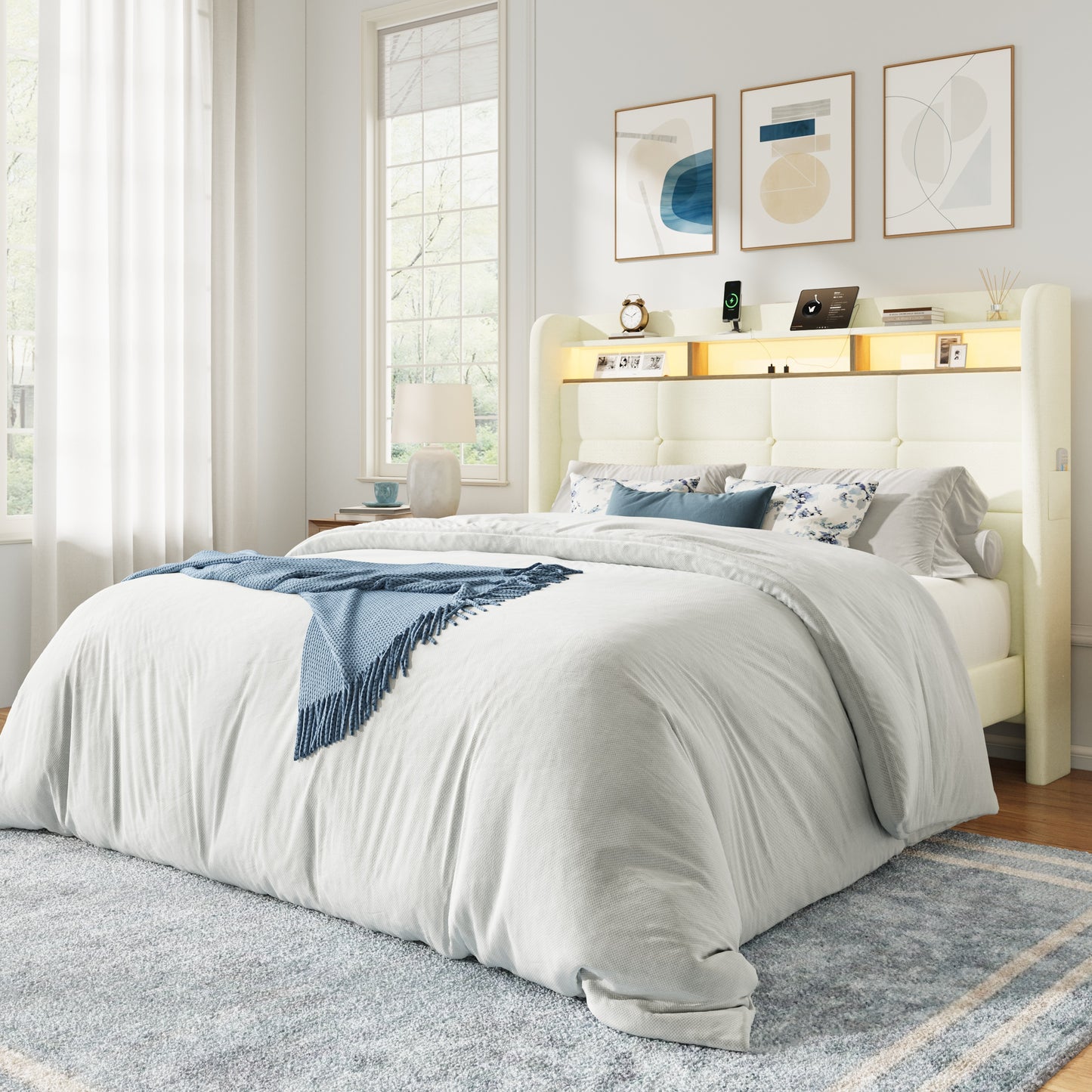 Amolife Bed Frame, Upholstered Bed with 2 Shelves LED Wingback Headboard, USB Ports Charging Station, White