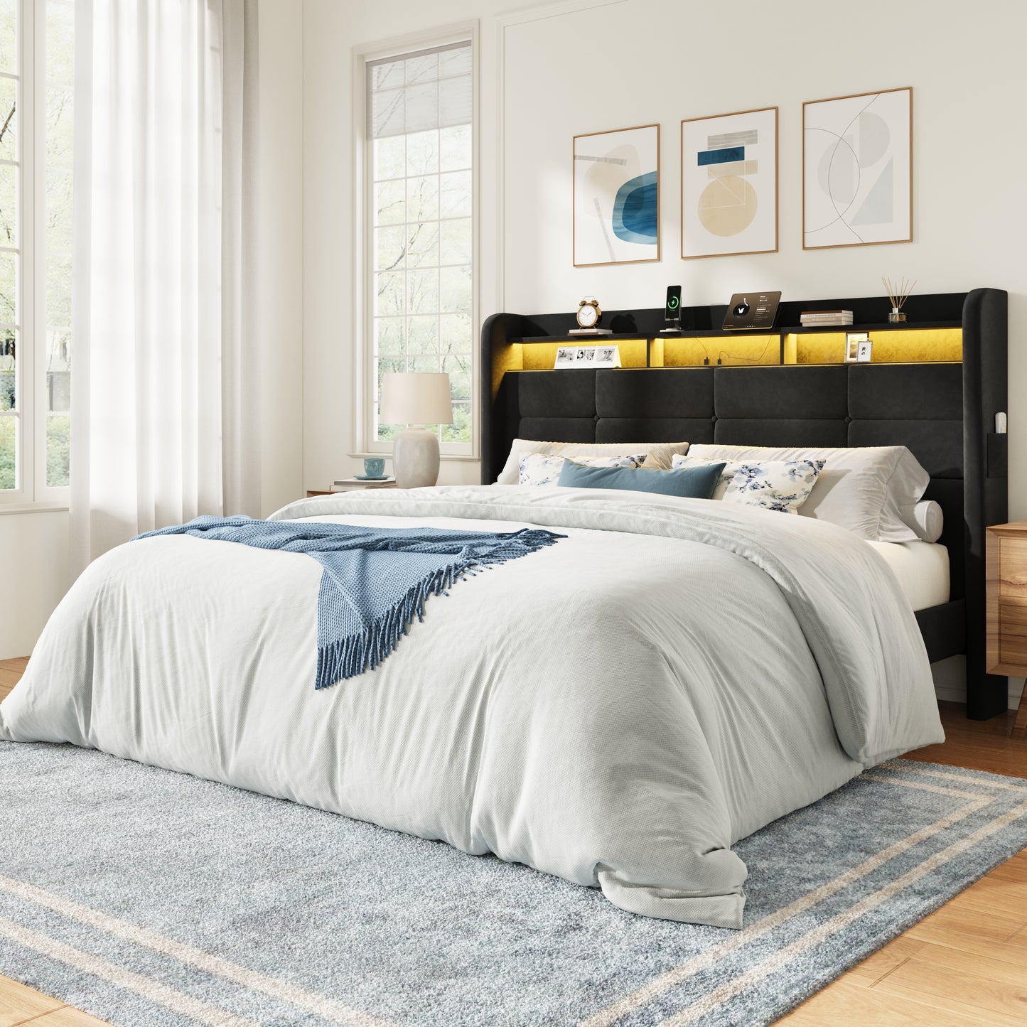 Amolife Bed Frame, Upholstered Bed with 2 Shelves LED Wingback Headboard, USB Ports Charging Station, White
