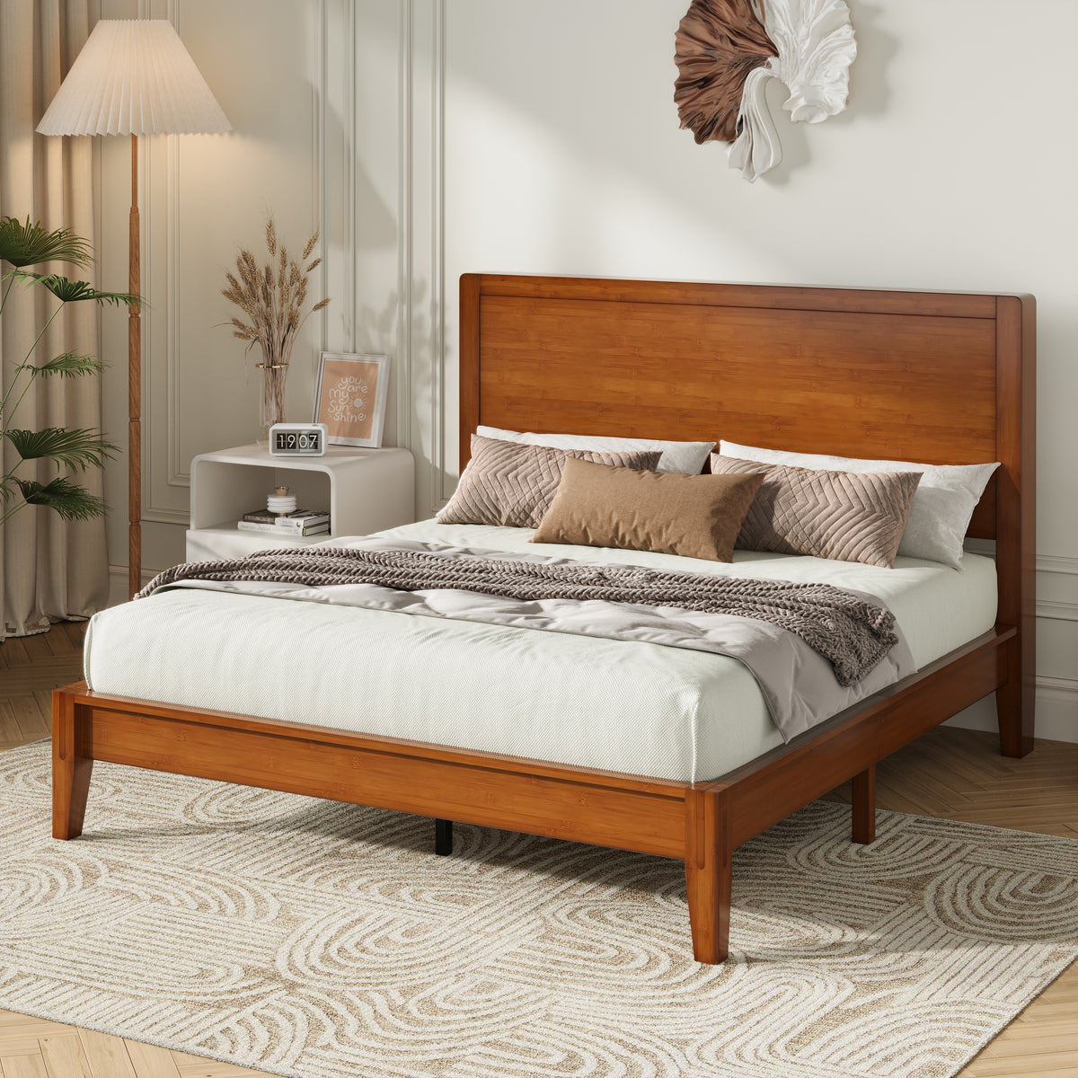Amolife Bamboo Wood Platform Bed Frame with Upgraded Headboard and Recessed Design, Durable Structure, No Box Spring Needed