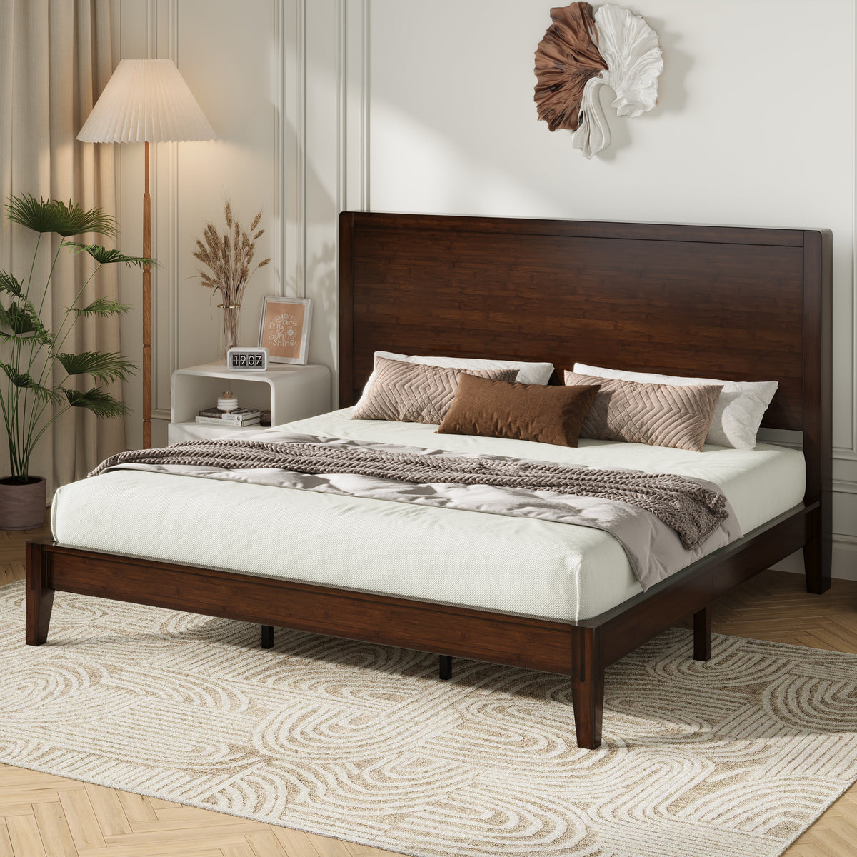 Amolife Bamboo Wood Platform Bed Frame with Upgraded Headboard and Recessed Design, Durable Structure, No Box Spring Needed