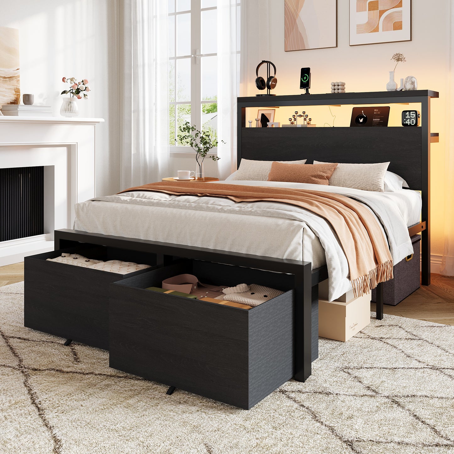 Amolife Storage Bed Frame, 2 Storage Drawers, 2-Tier Shelf Wood Headboard with Charging Station & LED Light, Black