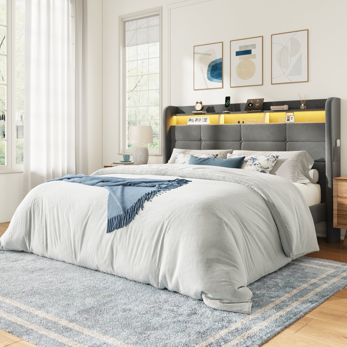 Amolife Bed Frame, Upholstered Bed with 2 Shelves LED Wingback Headboard, USB Ports Charging Station, White