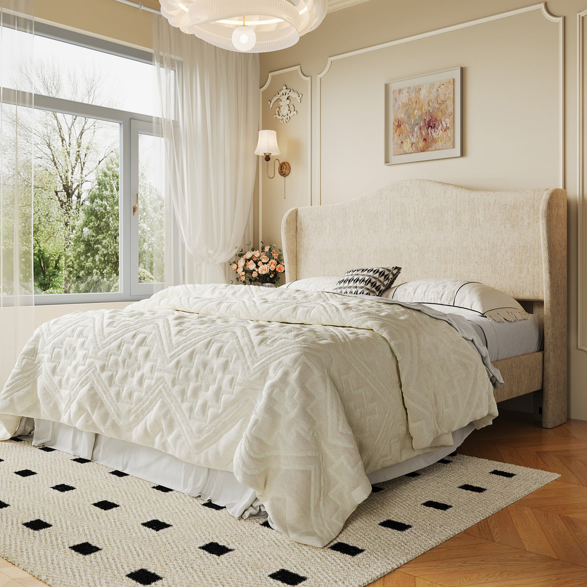 Amolife Bed Frame with Crown Upholstered Wingback Headboard, Upgraded Reinforced Frame, No Box Spring Required