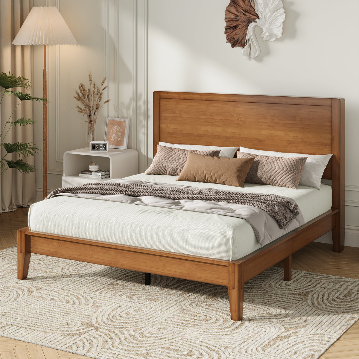 Amolife Bamboo Wood Platform Bed Frame with Upgraded Headboard and Recessed Design, Durable Structure, No Box Spring Needed