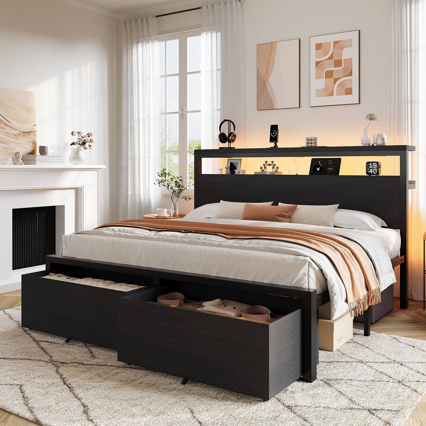 Amolife Storage Bed Frame, 2 Storage Drawers, 2-Tier Shelf Wood Headboard with Charging Station & LED Light, Black