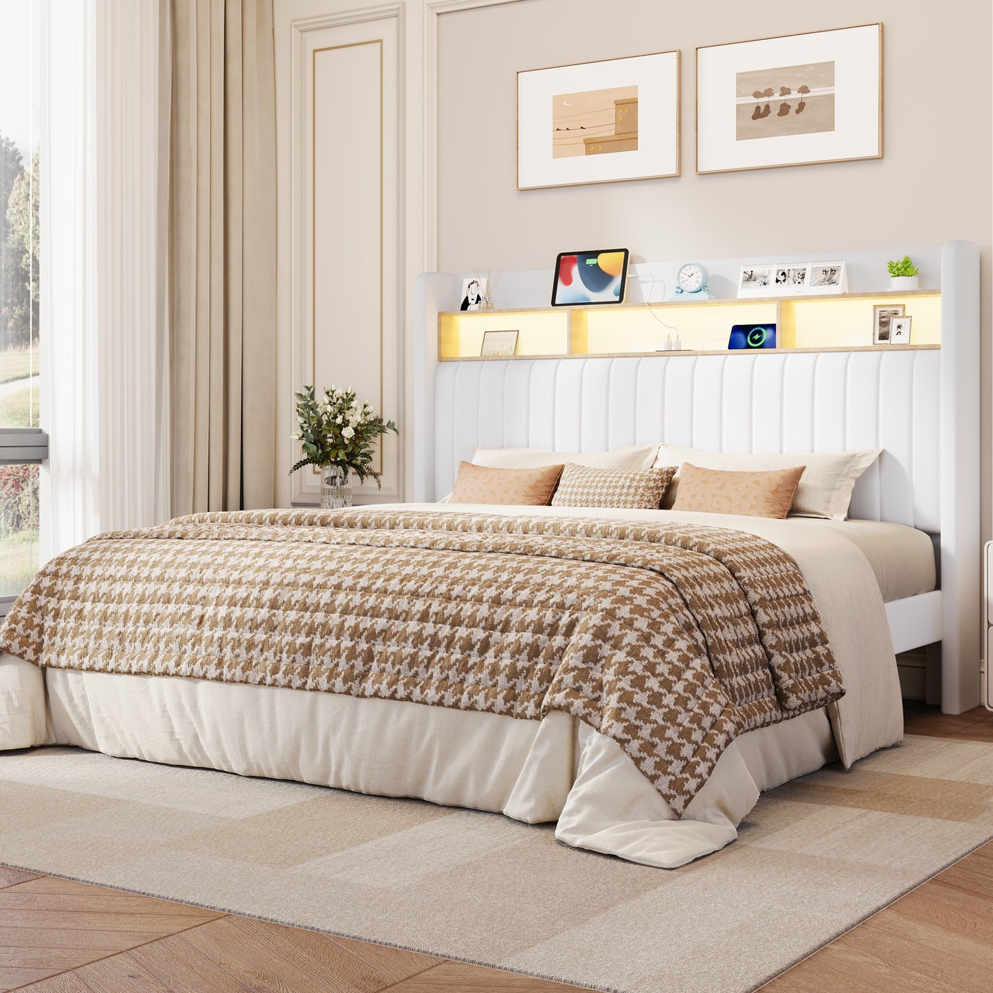 Amolife Bed Frame, RGB LED Lights & Charging Station, Upholstered Wingback Headboard, Noise-Free, No Box Spring Needed