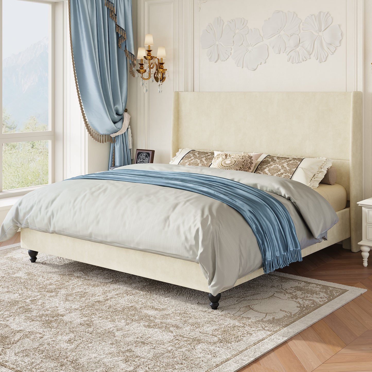 Amolife Platform Bed Frame with 51" Tall Wingback Headboard, Ultra Velvet, Heavy Duty