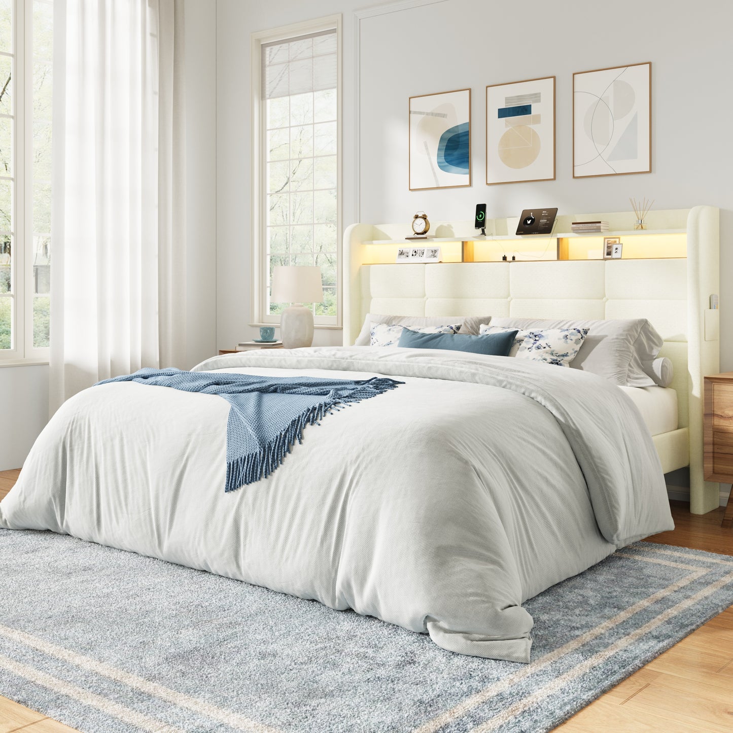 Amolife Bed Frame, Upholstered Bed with 2 Shelves LED Wingback Headboard, USB Ports Charging Station, White