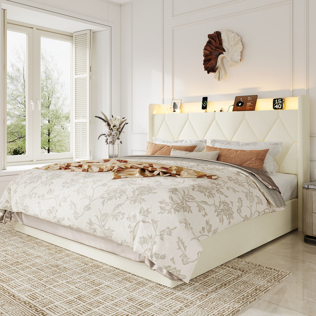 Amolife Bed Frame with Chenille Wingback Headboard, LED Lights, Charging Station & Storage Shelf, No Box Spring Required