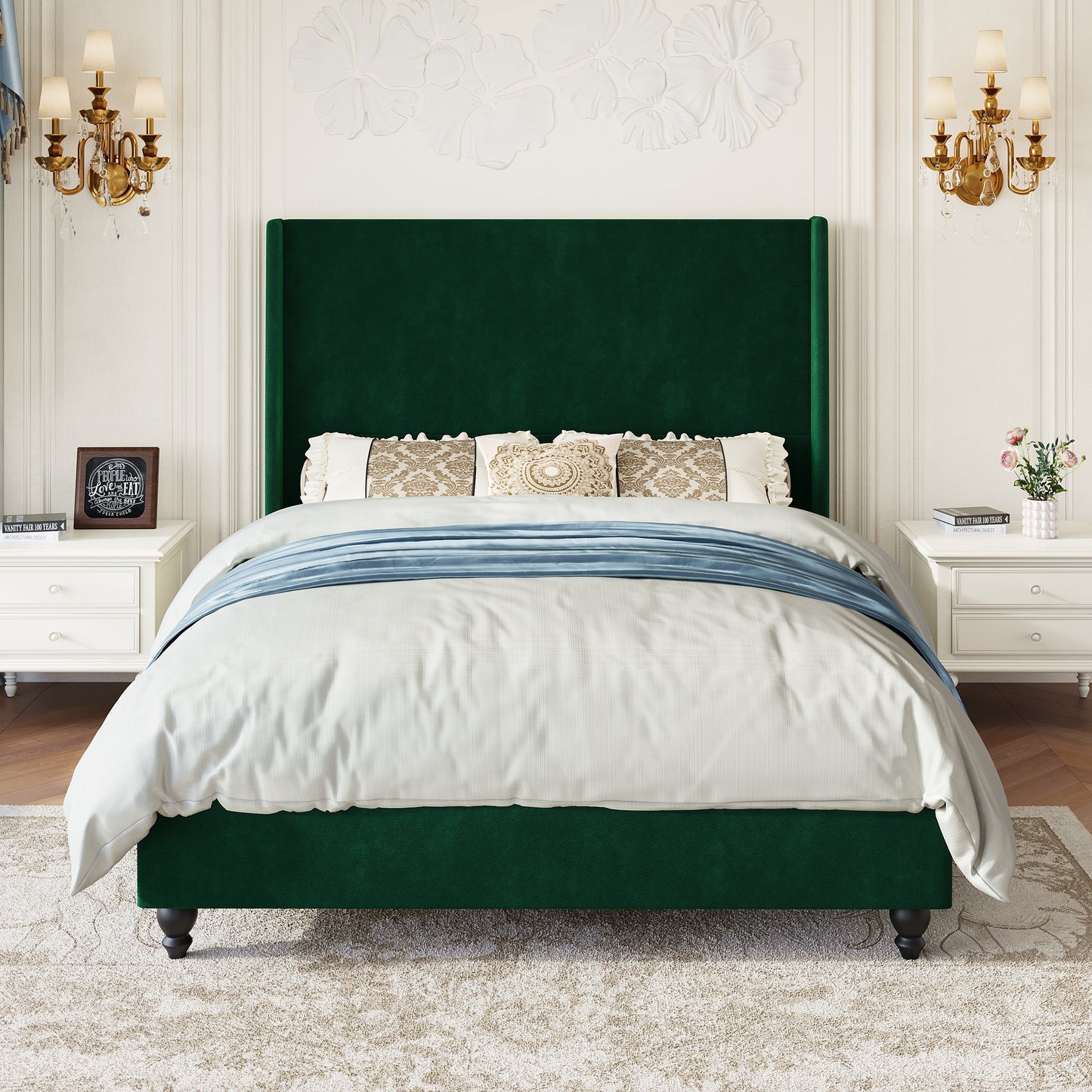 Amolife Platform Bed Frame with 51" Tall Wingback Headboard, Ultra Velvet, Heavy Duty