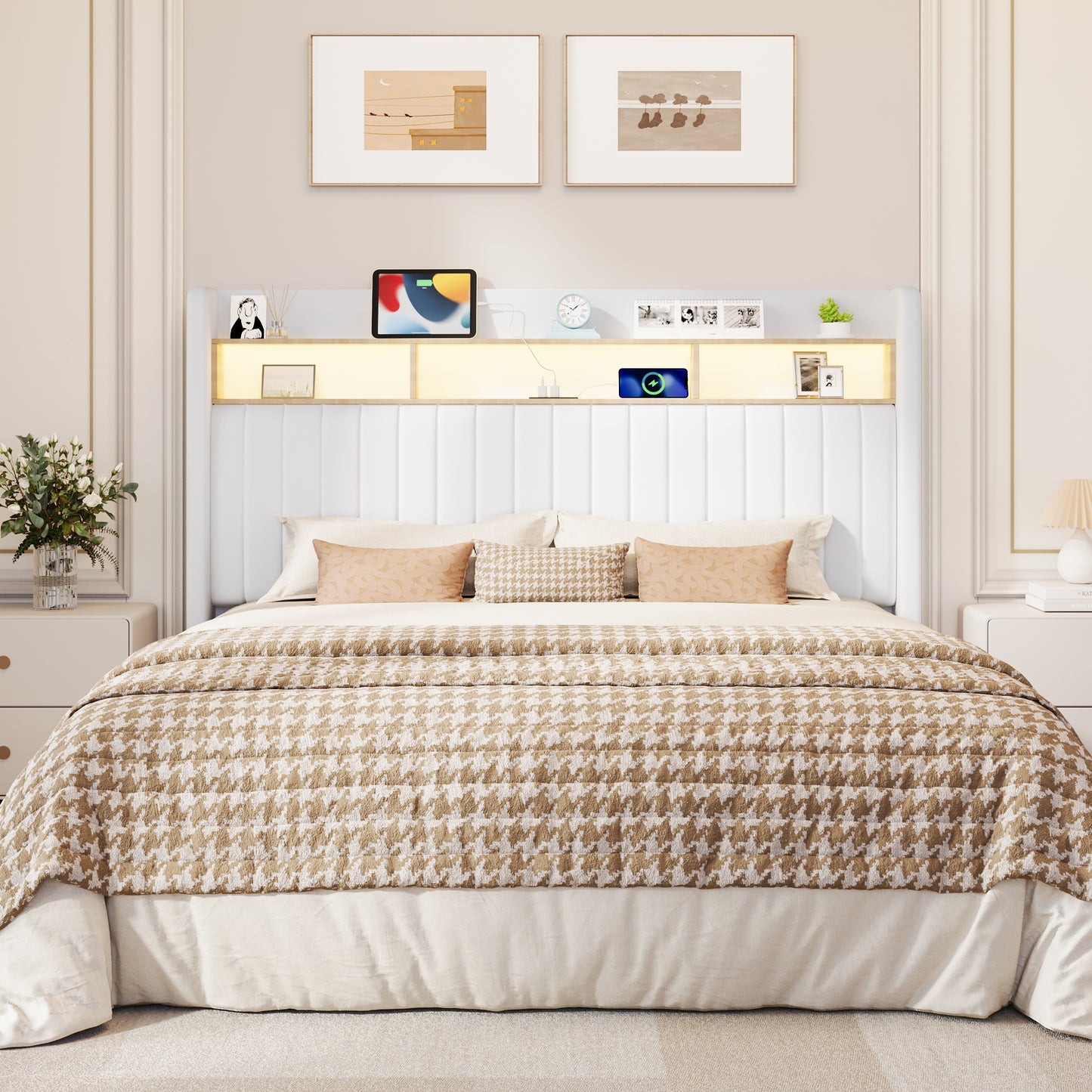 Amolife Bed Frame, RGB LED Lights & Charging Station, Upholstered Wingback Headboard, Noise-Free, No Box Spring Needed
