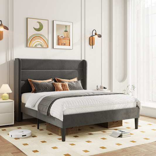 Amolife Platform Bed Frame with Velvet Upholstered Wingback Headboard