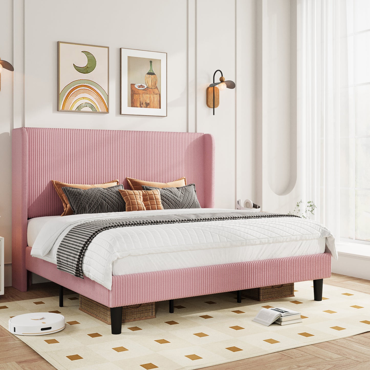 Amolife platform Bed Frame with Upholstered Wingback Headboard, Vertical Channel Tufted Corduroy Velvet