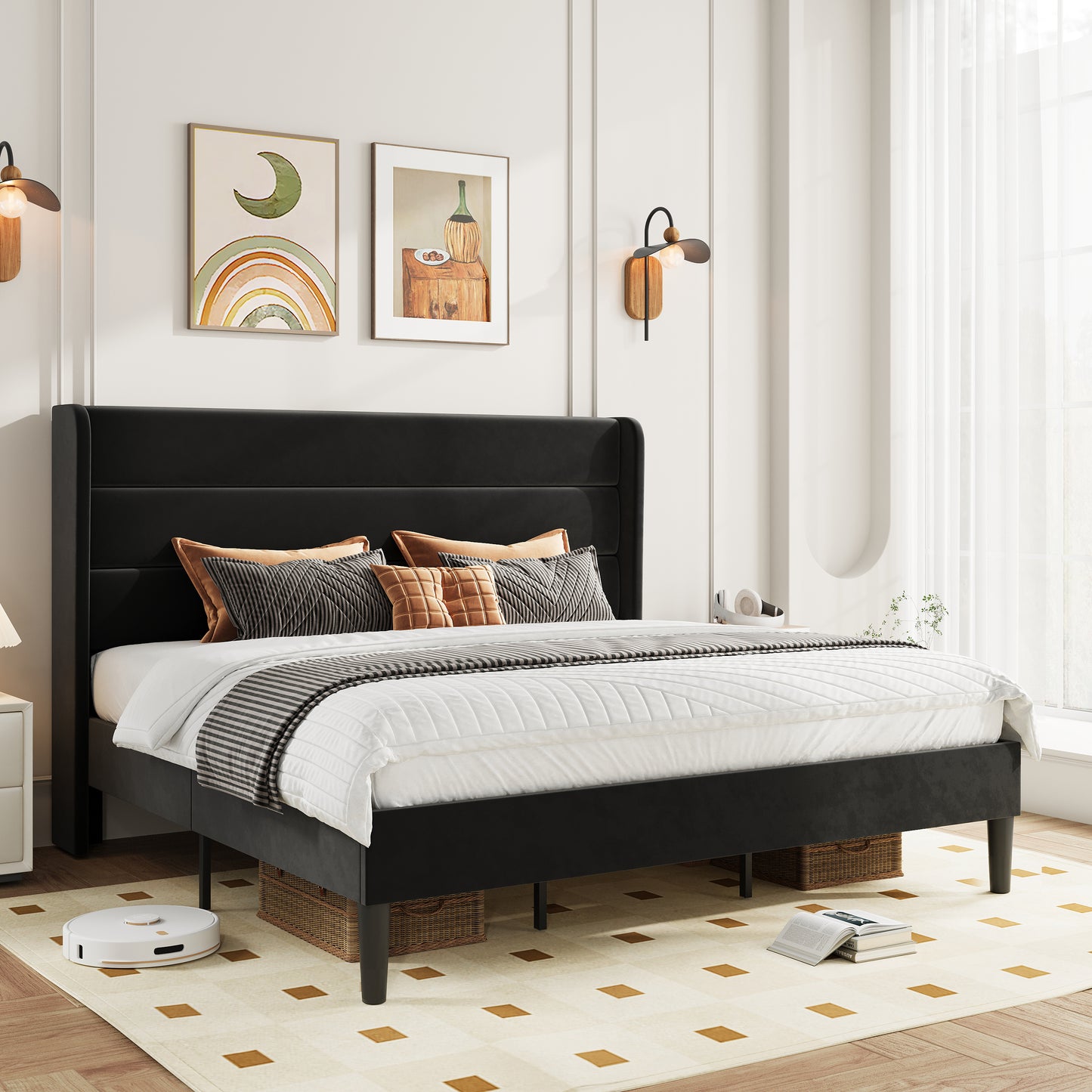 Amolife Platform Bed Frame with Velvet Upholstered Wingback Headboard