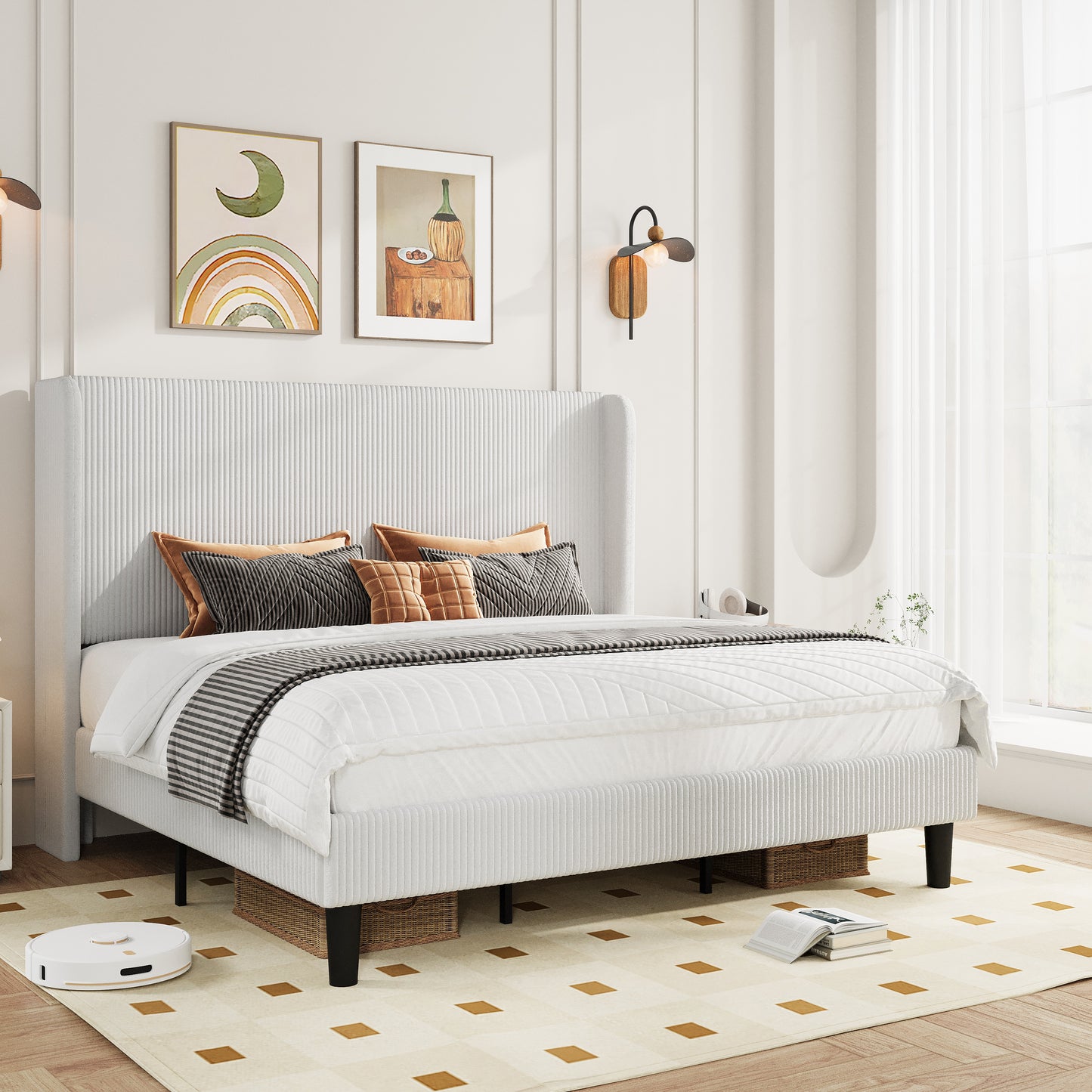 Amolife platform Bed Frame with Upholstered Wingback Headboard, Vertical Channel Tufted Corduroy Velvet
