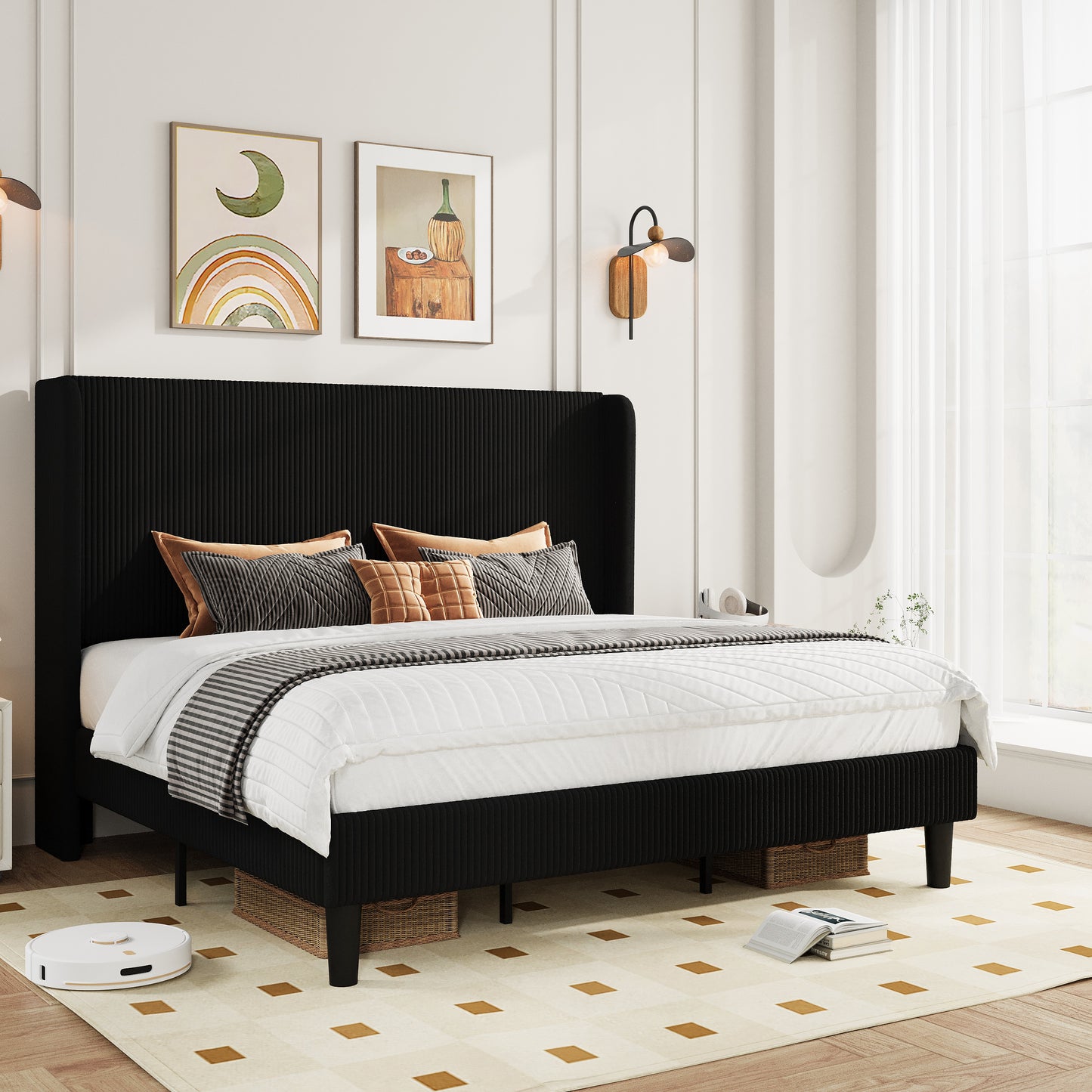 Amolife platform Bed Frame with Upholstered Wingback Headboard, Vertical Channel Tufted Corduroy Velvet