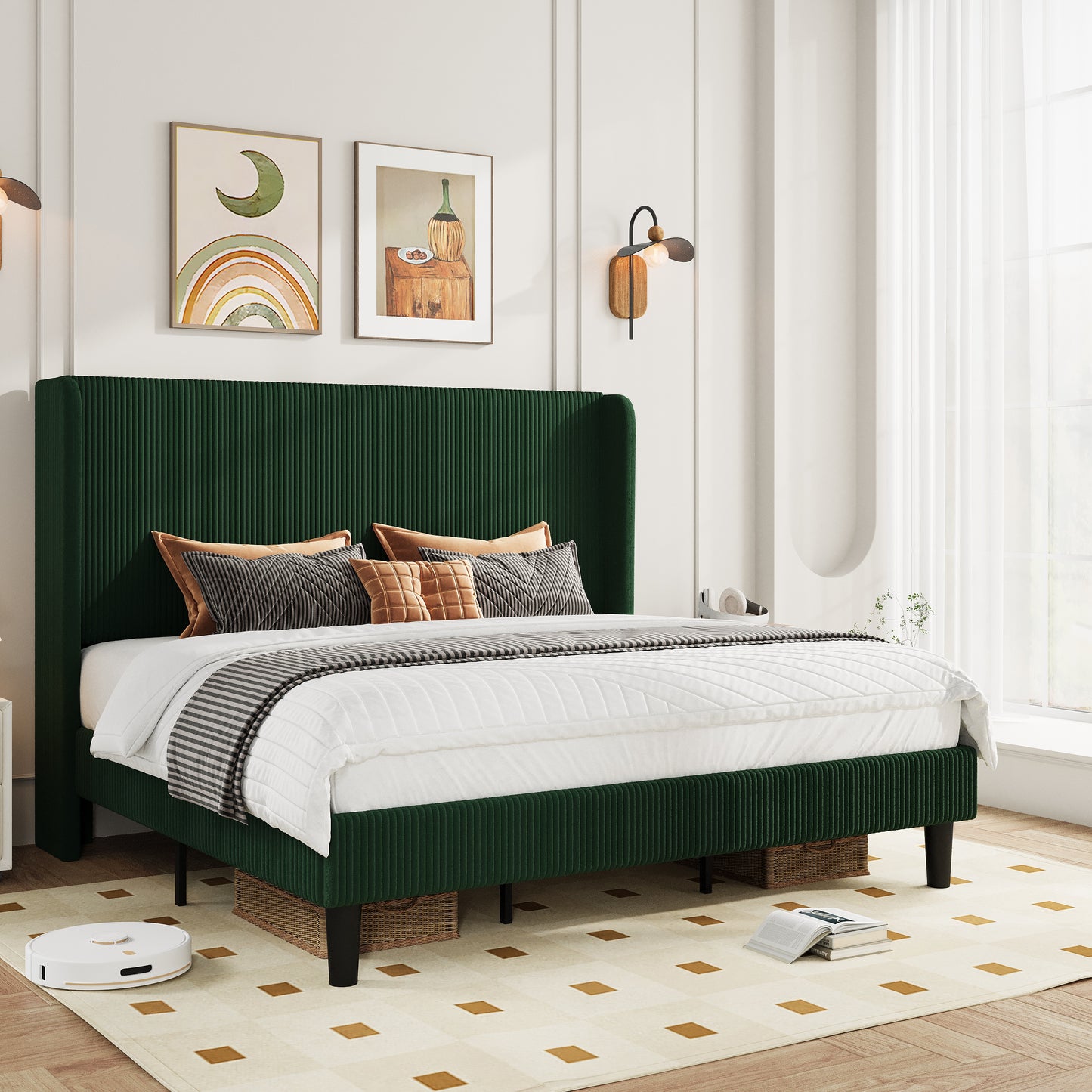 Amolife platform Bed Frame with Upholstered Wingback Headboard, Vertical Channel Tufted Corduroy Velvet