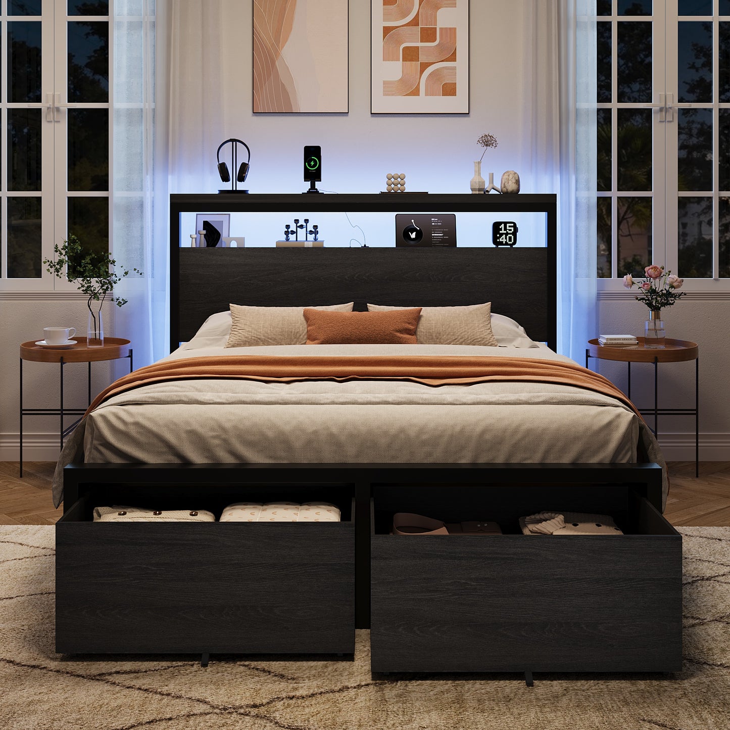 Amolife Storage Bed Frame, 2 Storage Drawers, 2-Tier Shelf Wood Headboard with Charging Station & LED Light, Black